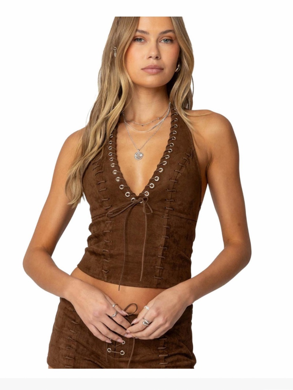 Edikted Brown Faux Suede Lace-Up Halter Top